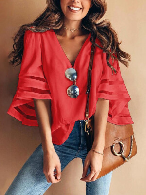 

New Summer Fashion V Neck Women Casual Loose Half Sleeve Blouse Tops Blouses&Shirts