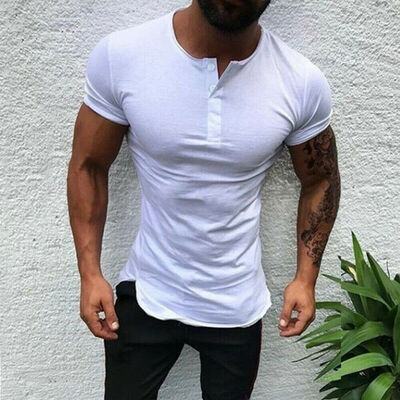 

Men Casual Plain Short Sleeve T-shirt Tee Shirt Top Grandad Collarless Button