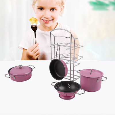 

Kitchen Pretend Toys Stainless Steel Cookware Playset With A Handy Storage Rack
