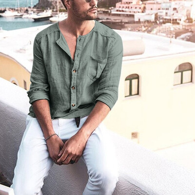 

Toponeto Mens Chest Pocket Solid Color Loose Comfy Long Sleeve Loose Casual Shirt Top