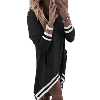 

New Fashion Autumn Women Casual Long Sleeve Dress Loose Hooded Stripe Stitching Dresses