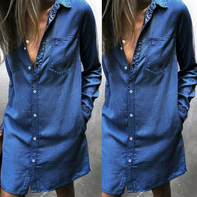 

Womens Blue Jeans Denim T-Shirt Long Sleeve Casual Loose Skirt Long Dress