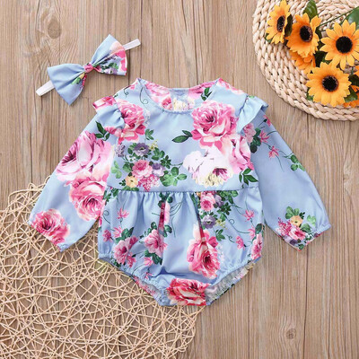 

Newborn Baby Girls Long Sleeves Flowers Print RomperHeadband Sets Kids Clothes