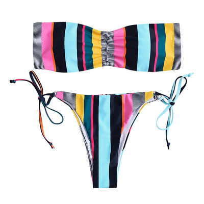 

Strapless Backless Padded Colorful Vertical Stripe Low Waist Women Bikini Set