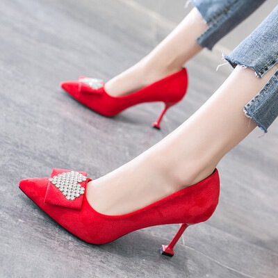 

Black sexy single heel high heels temperament fine pointed womens shoes shallow saliva drill Joker work shoes cat shoes