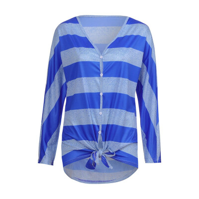 

Nomeni Women Casual Autumn V Neck Stripe Print Button Bandage Long Sleeve Blouse Top