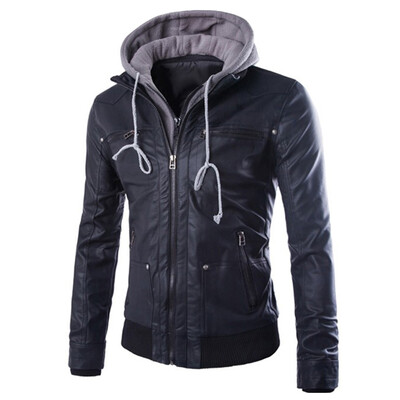 

Detachable Hooded Long Sleeve Men Leather Jacket
