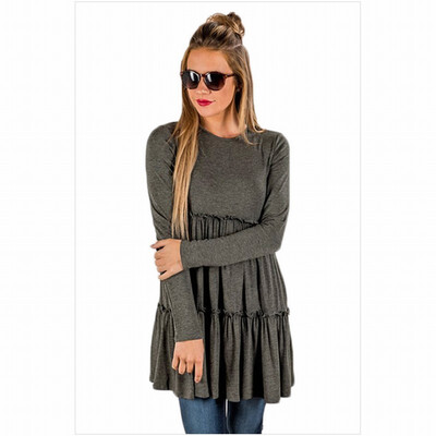 

Solid color round neck long-sleeved dress pendulum three-layer stitching mid-length casual top