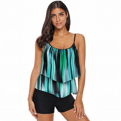 

Tankini Swimwear tie-dyed printed vest strap layered ruffled one-piece swimsuit