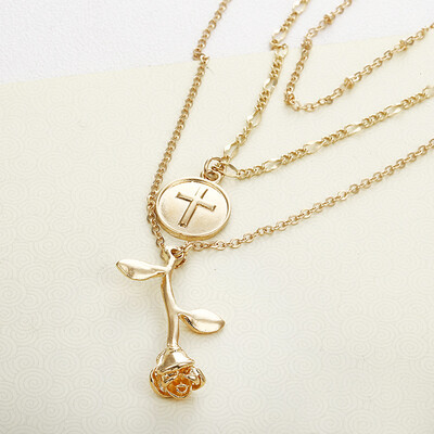 

Bohemian Rose Flower Cross Coin Pendant Choker Necklace For Women Vintage Gold Color Multi Layered Long Chain Necklaces Jewelry