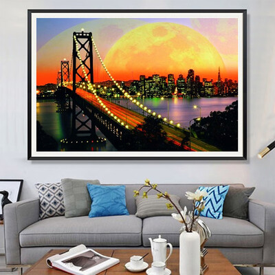 

Diamond Embroidery Bridge Diamond Painting City Night Scenery DIY Full Square Rhinestone Diamond Mosaic Home Decoration