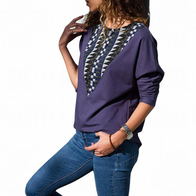 

Round neck long sleeve color stitching casual womens loose top