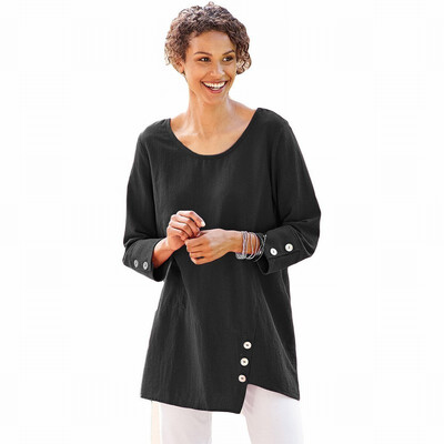 

Black round neck long sleeve button detachable large size loose ladies top