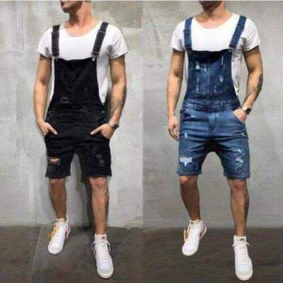 

Hot Men Jeans Denim Pants Boys Casual Ripped Bib Jumpsuit Loose Overalls Shorts