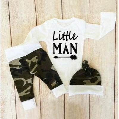 

3Pcs Newborn Baby Boys Camouflage Tops Romper PaD02Ms Hat Outfits Set Clothes