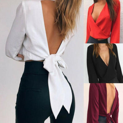 

Women Casual Backless Long Sleeve Tee T-shirt Chiffon Knot Blouse Crop Top
