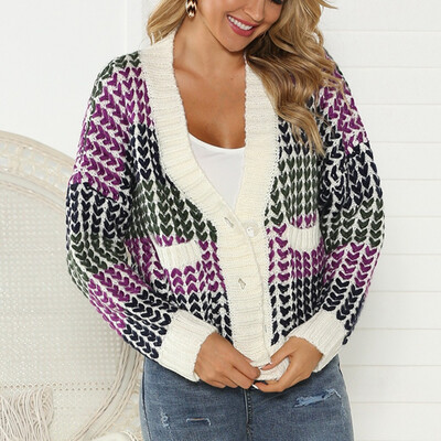 

〖Follure〗Women Patchwork Button Long Sleeve Short Knitted Sweater Loose Cover Up Cardigan