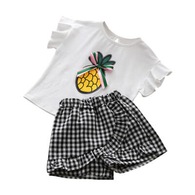 

2pcs Baby Girls Cartoon Printed Summer Short Sleeve T-Shirt Plaid Pants Set