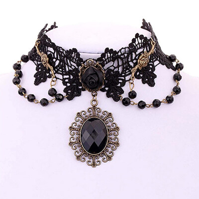 

Lolita Gothic Flower Lace Choker Necklace Beads Chain Pendant Rose Decorate