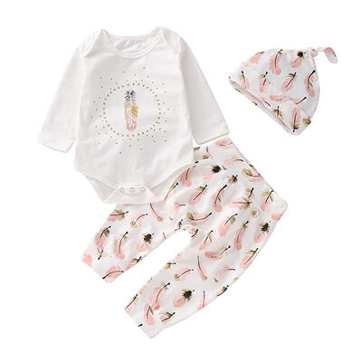 

3pcsSet Toddler Outfits Cute Feather Baby Rompers Elastic Waist Pants Hat