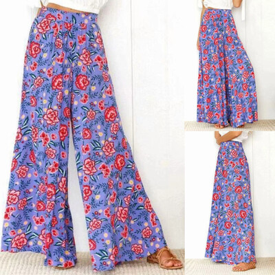 

Tailored Women High Waist Printing Bohemia Elastic Waist Casual Pants Wide Leg Pants