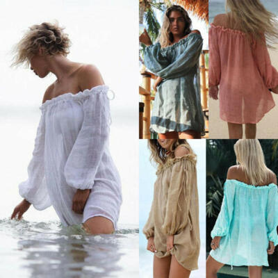 

Boho Dress Womens Summer Holiday Off Shoulder Long Sleeve Beach Dress Sundress