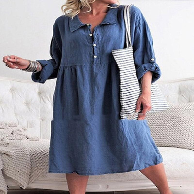 

Pure Color Lapel Rolled Long Sleeve Butttons Shirt Dress
