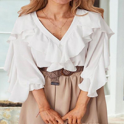 

Elastic Cuffs Solid Flounce V-neck Bishop Long Sleeves Shirt