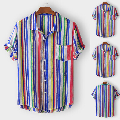 

Toponeto Fashion Mens Casual Button Hawaii Striped Print Beach Short Sleeve Top Blouse