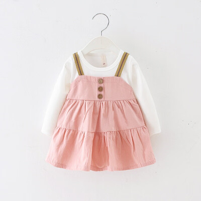 

Autumn Girl Dresses 18M-4Y Casual Fake 2 Pcs Strap Long Sleeve Kids Toddler Baby Girls Dress Kids Princess Dresses 4Colors