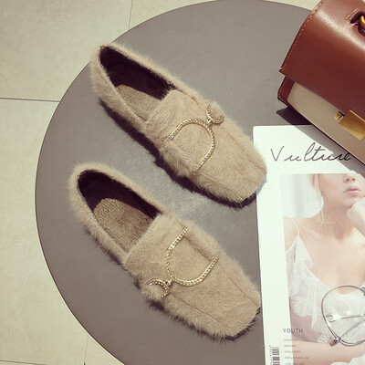 

Doudou Shoes Female Autumn Korean Baitao Net Red Metal Buttoned Fur Shoes Soft Bottom Square Head Flat sole Single Shoes