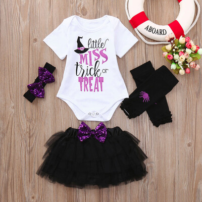 

4PC Newborn Baby Girl Leter Sequins Tops Romper Gauze Skirt Halloween Cloth Sets