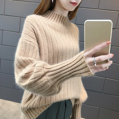 

Autumn Winter Thicken Warm Knitted Sweaters Fashion Lantern Sleeve Turtleneck Sweater Tops Female Casual Loose Basic Pullovers