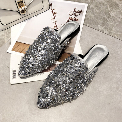 

Slippers for women wearing spring Korean version of Baitao diamond sequins semi-slippers Baotou Muller Shoe Tide