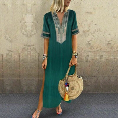 

New Womens Short Sleeve Boho Party Casual Kaftan Tunic Gypsy Ethnic Maxi Beach Dress Long Cotton Linen Dresses Plus Size
