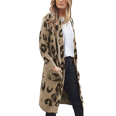 

Autumn Winter Women Loose Casual Leopard Knit Cardigan Sweater Long Coat Outwear