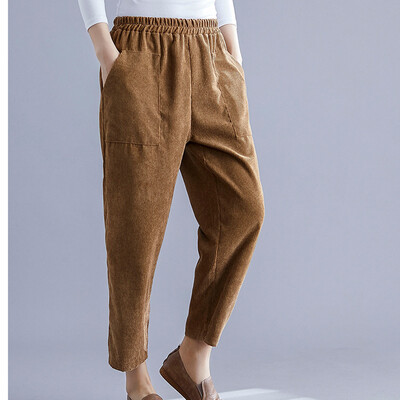 

Tailored Womens Elastic Waist Cotton Linen Cropped Nine pants Ladies Casual Pocket Pants