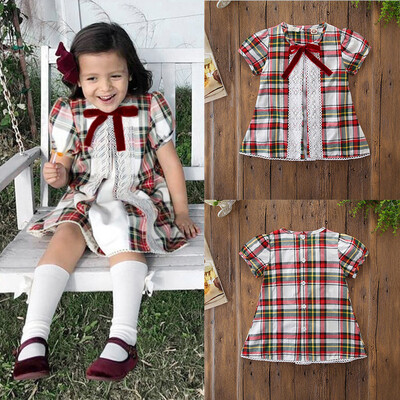 

Toddler Kids Baby Girls Short Sleeve Plaid Lace Bowknot T-shirt Tops Blouse Tee