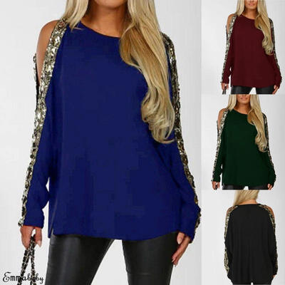 

Women Shiny Cold Shoulder Sequin Long Sleeve Shirt Casual Oversized Tops Blouse