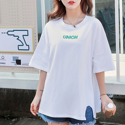 

Women Summer Round Collar Cartoon Print Loose Short Sleeve Casual Hem Split T-Shirt Simple Wild Tops