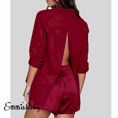 

Women Fashion Long Sleeve Office Lady Open Back Blouse Button T-Shirt Ladies Top