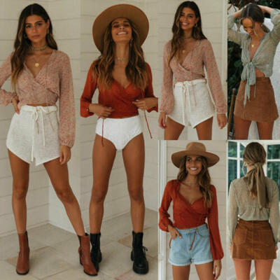 

Sexy Women Long Sleeve Bandage Crop Tops Shirt Sexy V Neck Blouse T-Shirt AU