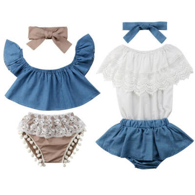

Newborn Infant Baby Girls Lace TopDemin Shorts DressHeadband Clothes Outfits
