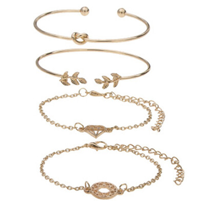 

4 Pcs Love Adjustable Cuff Bracelet Open Wire Bangle Stackable Wrap Leaves Bracelet Set for Women Girls