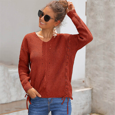 

Tailored Women Casual Solid V-Neck Knitted Hollow out Long Sleeve Sweater Top Blouse