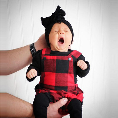 

Newborn Infant Baby Boy Girl Plaid Strap Romper Headband Outfit Clothes Set