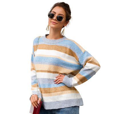 

Women Autumn Fashion Striped All-match Sweet Loose Round Collar Concise Casual Sweater