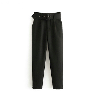 

Women Casual Pants Belt High Waist Solid Color Pocket Loose Work Office Trousers