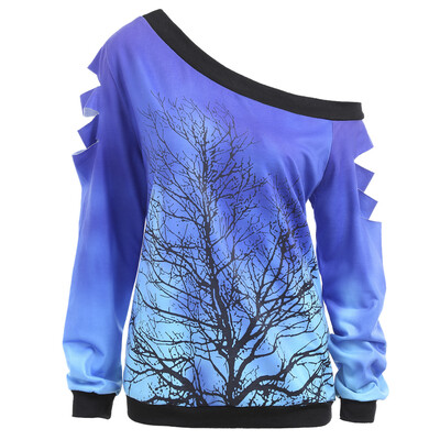

Ripped Sleeve Skew Neck Life Tree Sweatshirt