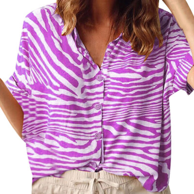 

Starmoon Women Summer Fashion Short Sleeve Print Buttoned Shirt Loose Daily Blouse Tops